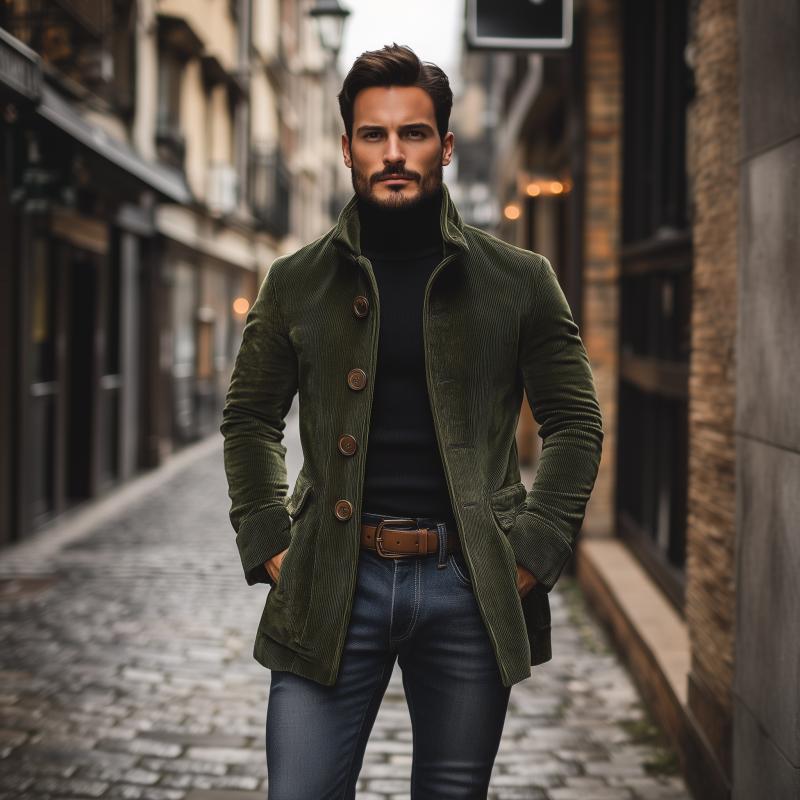 Emerson Men’s Corduroy Coat – Slim Fit Vintage Jacket with Stand Collar