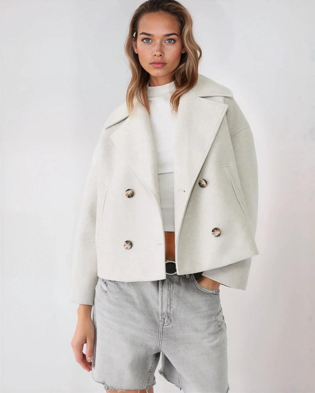 Vanessa Women’s Wool Blend Jacket – Elegant Cropped Winter Coat with Wide Lapels