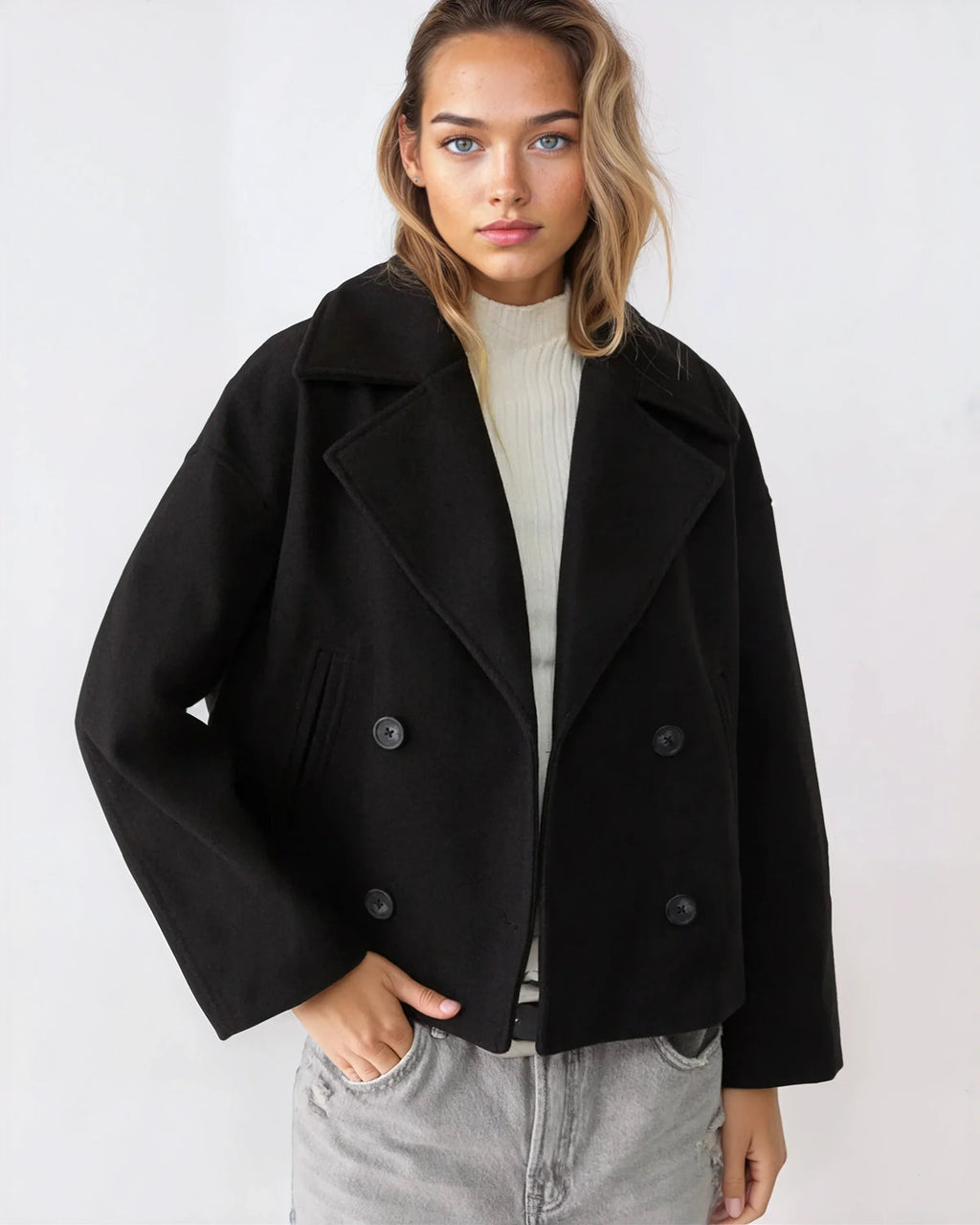 Vanessa Women’s Wool Blend Jacket – Elegant Cropped Winter Coat with Wide Lapels