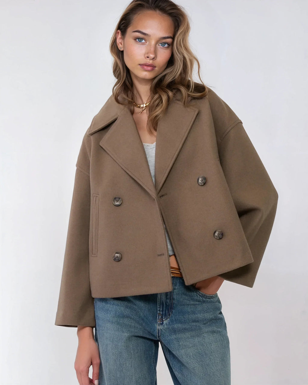 Vanessa Women’s Wool Blend Jacket – Elegant Cropped Winter Coat with Wide Lapels
