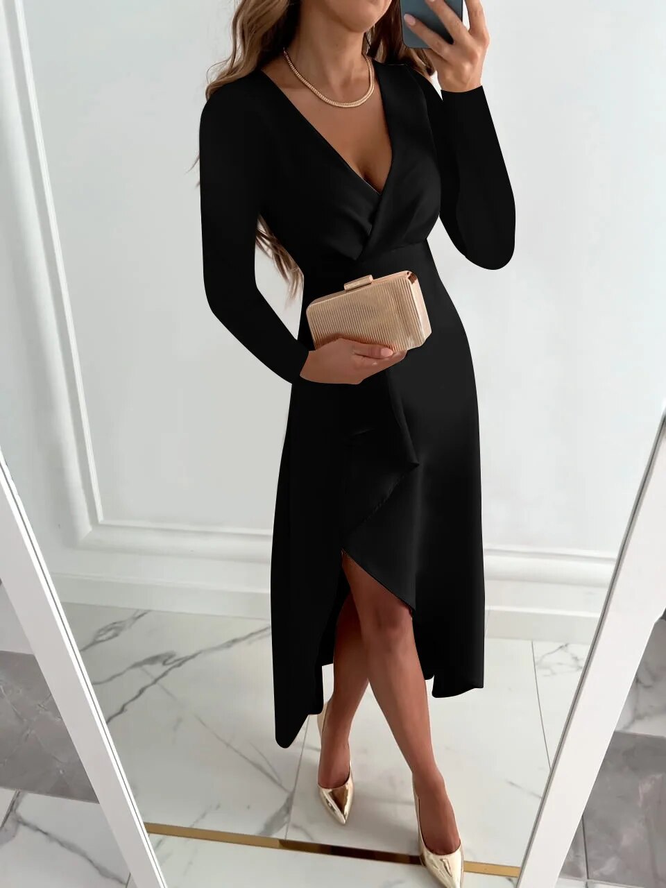 Tessa Women’s V-Neck Dress – Elegant Long Sleeve Slim Fit Midi Dress