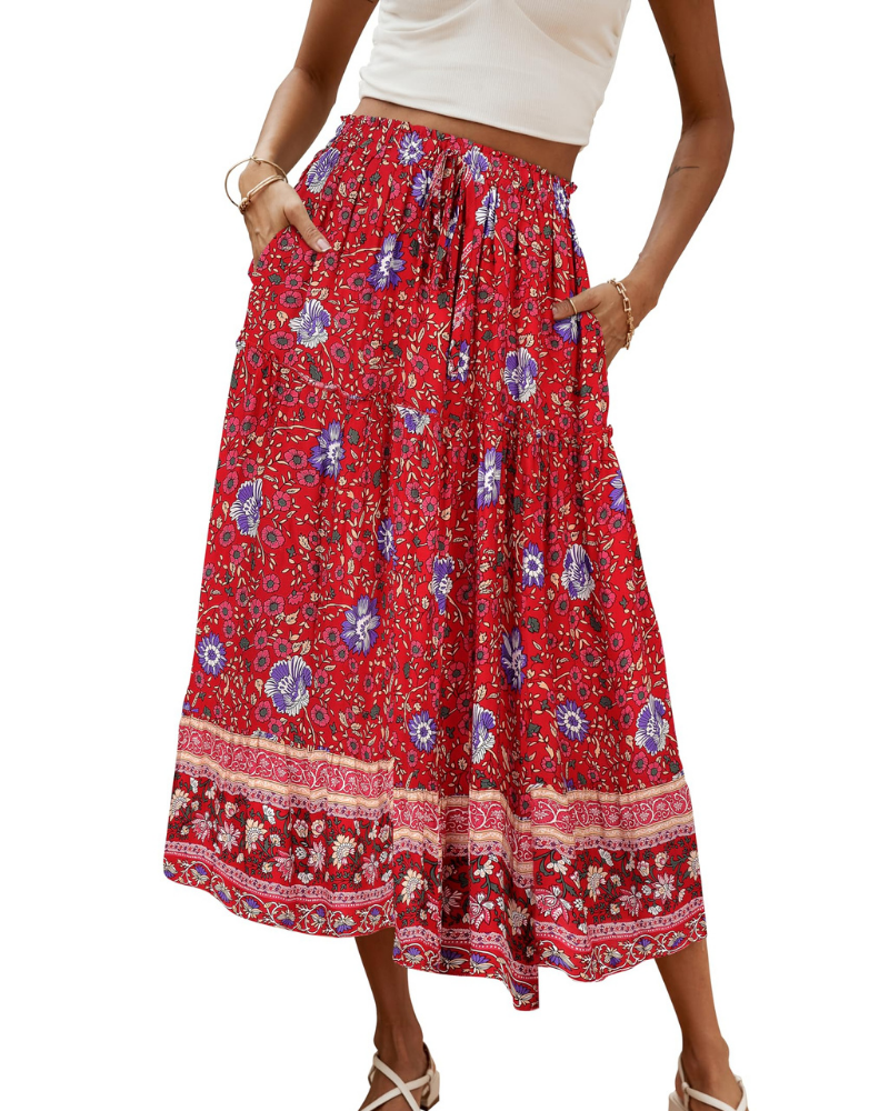 Brielle Women’s Maxi Skirt – Boho Floral High Waist Skirt with Pockets