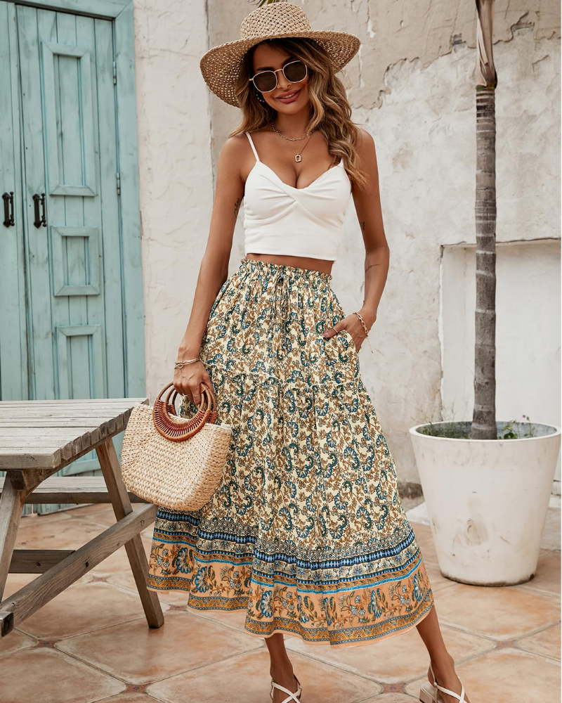 Brielle Women’s Maxi Skirt – Boho Floral High Waist Skirt with Pockets