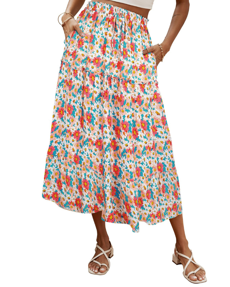 Brielle Women’s Maxi Skirt – Boho Floral High Waist Skirt with Pockets