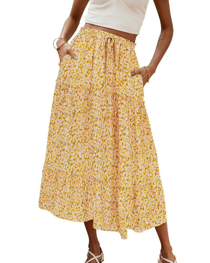 Brielle Women’s Maxi Skirt – Boho Floral High Waist Skirt with Pockets