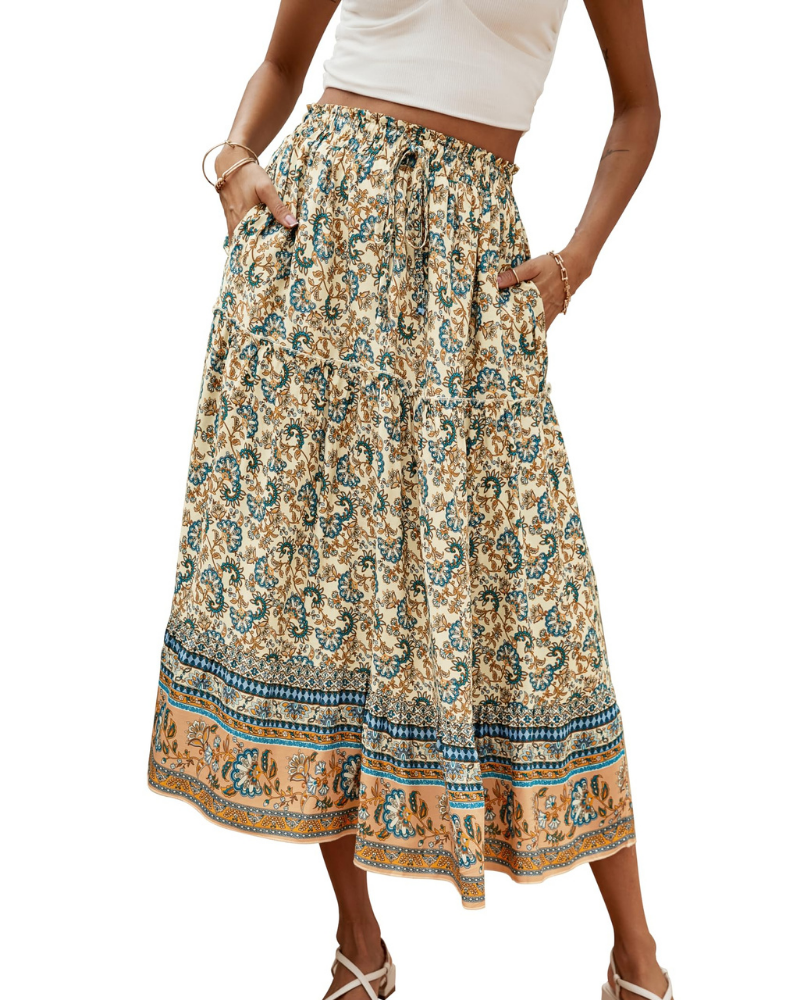 Brielle Women’s Maxi Skirt – Boho Floral High Waist Skirt with Pockets