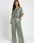 Winifred Women's Satin Lounge Set – V-Neck Wide Leg Two-Piece Outfit