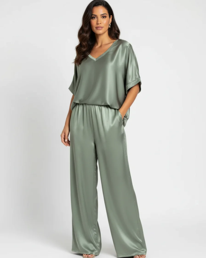 Winifred Women's Satin Lounge Set – V-Neck Wide Leg Two-Piece Outfit