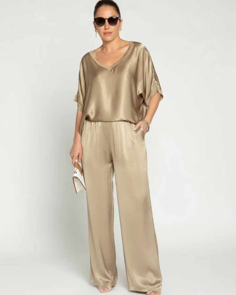 Winifred Women's Satin Lounge Set – V-Neck Wide Leg Two-Piece Outfit