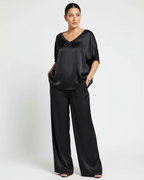 Winifred Women's Satin Lounge Set – V-Neck Wide Leg Two-Piece Outfit