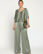 Winifred Women's Satin Lounge Set – V-Neck Wide Leg Two-Piece Outfit