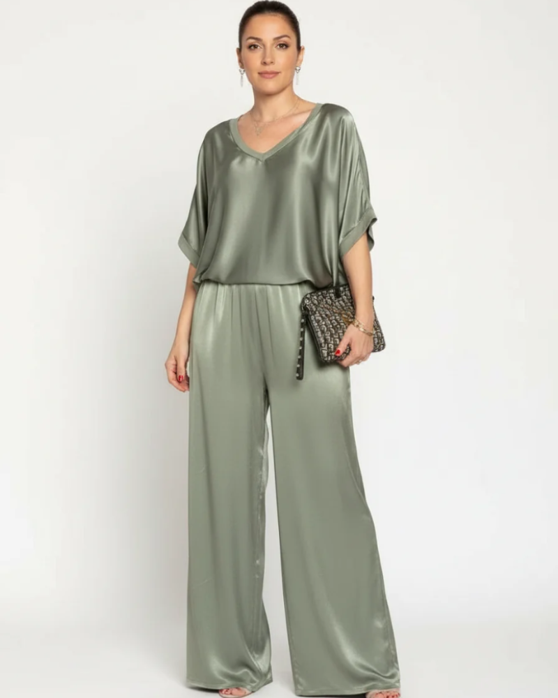 Winifred Women's Satin Lounge Set – V-Neck Wide Leg Two-Piece Outfit