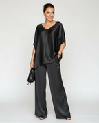 Winifred Women's Satin Lounge Set – V-Neck Wide Leg Two-Piece Outfit