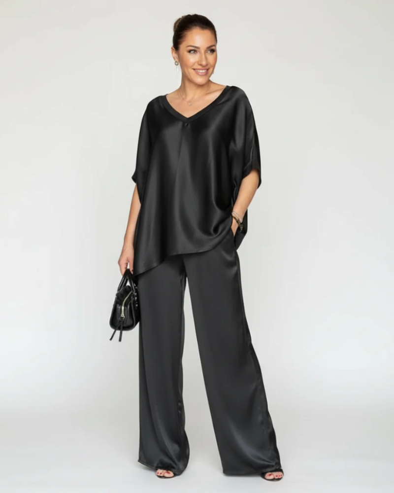 Winifred Women's Satin Lounge Set – V-Neck Wide Leg Two-Piece Outfit