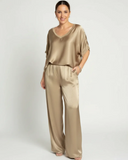 Winifred Women's Satin Lounge Set – V-Neck Wide Leg Two-Piece Outfit