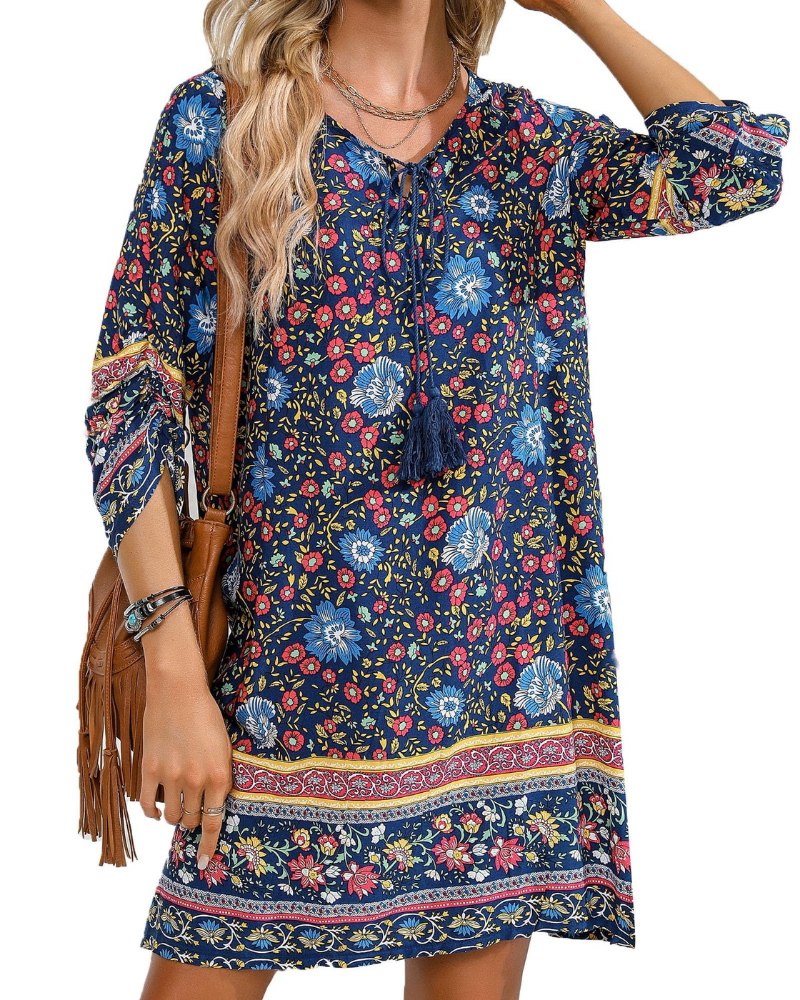Aria Women’s Boho Tunic Dress – Floral V-Neck Beach Dress with Tassel Detail