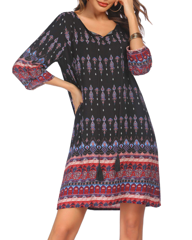 Aria Women’s Boho Tunic Dress – Floral V-Neck Beach Dress with Tassel Detail