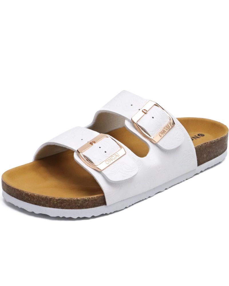 Eliza Women’s Slide Sandals – Adjustable Buckle Cork Footbed with Arch Support